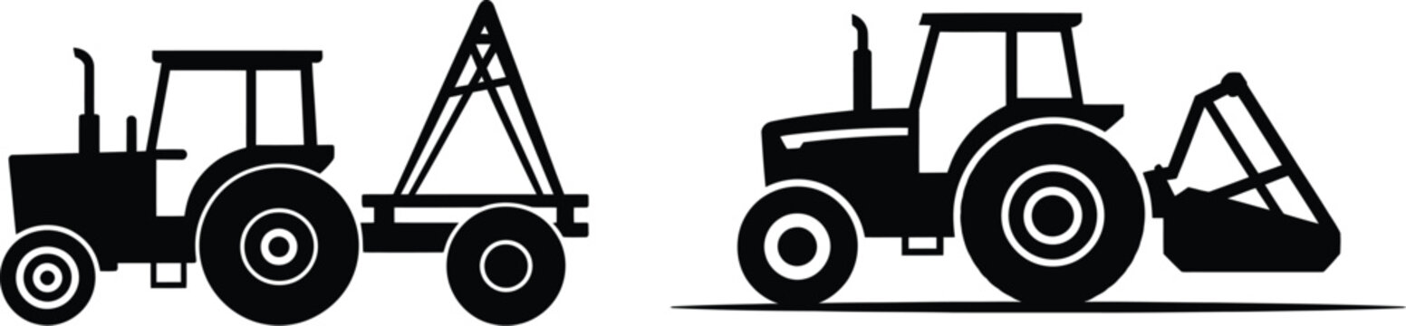 Silhouettes of two tractors one with trailer and one with loader farm equipment work vehicle agriculture transport industrial cultivation