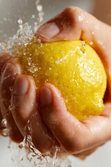 Fototapeta premium Macro shot of hand squeezing fresh lemon with water splash, citrus skincare and cleansing concept