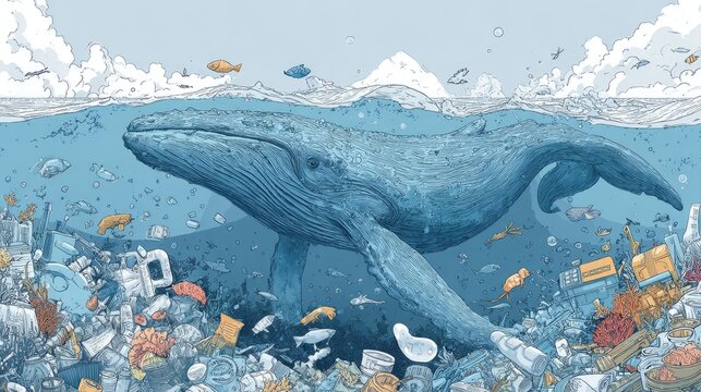 Ocean life illustration showing a whale swimming through polluted water
