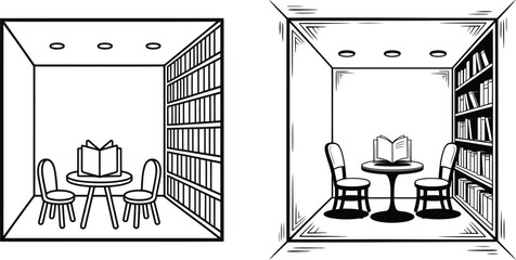 Reading room interior with bookshelves and table vector illustration black and white study area interior design bookshelves interior furniture © NXTall
