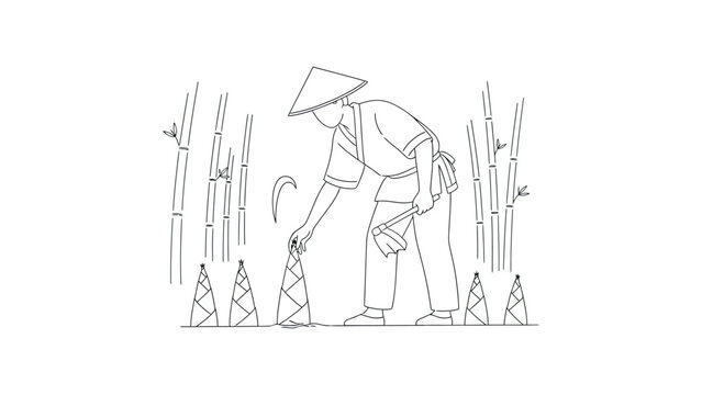 Man wearing conical hat planting rice.