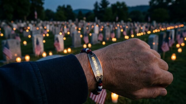 Hand with memorial day bracelet in a cemetery with flags and candles