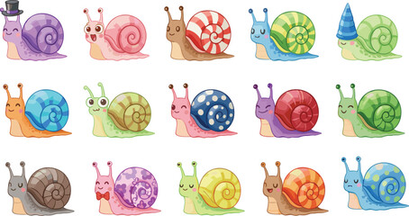 Vector illustration of cartoon snails in colorful designs with unique shell patterns and decorative styles in decorative design © Creative Stoker