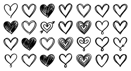Hand drawn marker heart vector set. Black ink doodle hearts collection. Sketchy love symbols for Valentine's day, wedding invitation and romantic designs. Felt tip pen strokes isolated on white backgr © brandphant