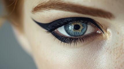 Fototapeta premium The striking detail of an eye with bold black winged eyeliner showcases the beauty and precision of cosmetic artistry against a soft focus skin background today.