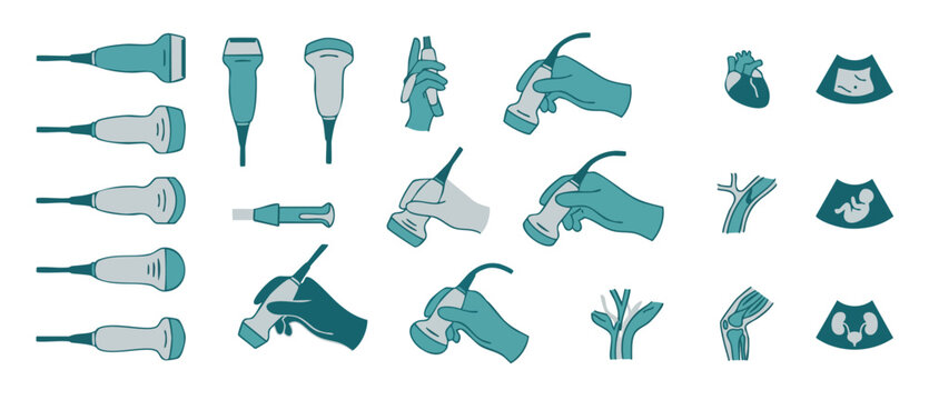 Ultrasound Probe Icons Set Medical Diagnostic Equipment for Radiology Procedures and Clinical Imaging Technology Illustration Vector Collection Showing Sonography Hand Grips and Anatomy Organs Scannin