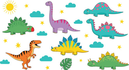 Cute colorful dinosaurs collection with cartoon prehistoric animals in playful vector illustration set © Prodip