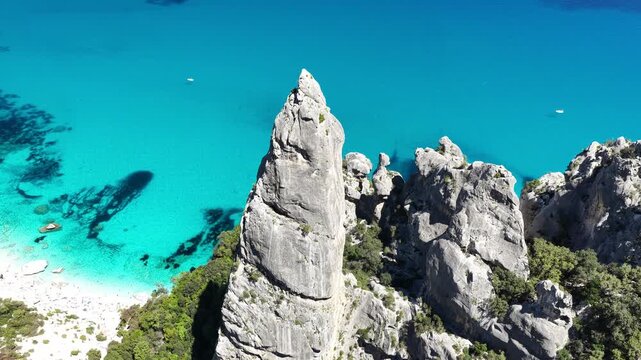 Aerial view of Cala Goloritz&egrave;, Baunei Coast, Sardinia, Italy. Iconic turquoise waters, white limestone cliffs adn pristine beach, often ranked among the most beautiful beaches in the world