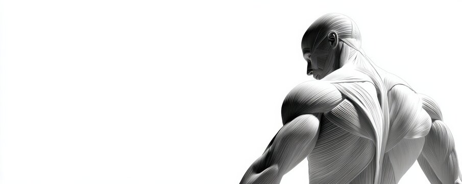 Anatomical muscle study of a male figure in profile showing back and shoulder musculature