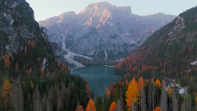 Aerial view on lake in the Italian alps, Lago di Braies in autumn. Italy