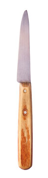 Levitating small kitchen paring knife with a wooden handle isolated on a white background. Minimalist studio photography concept.