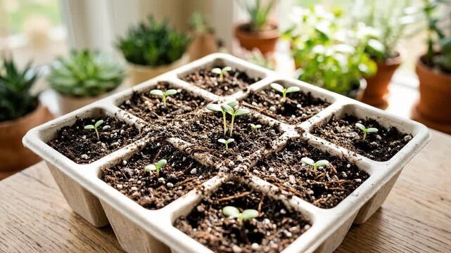 Seedlings sprouting in small soil-filled pots arranged in wooden tray on table. Indoor home gardening for plant propagation and fresh growth concept