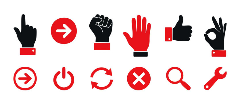 Hand Gestures and Interface Icons Set, Business Communication Symbols and Web UI Elements in Red and Black Flat Design for Digital Navigation and User Interaction Concepts on White Background