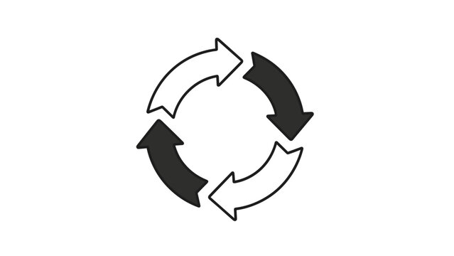 Dynamic icon of four arrows forming a continuous circular cycle with alternating solid and outlined arrows, symbolizing iterative process and ongoing workflow.
