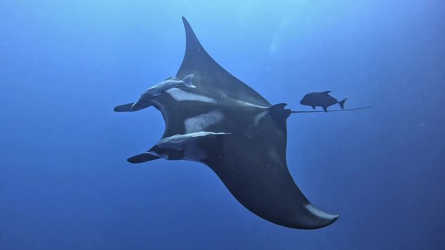 Reef manta ray swimming with remora fish in blue ocean