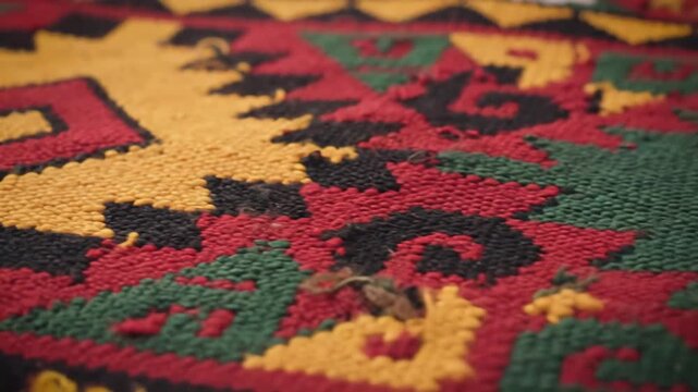 Closeup of a colorful woven rug with geometric patterns.