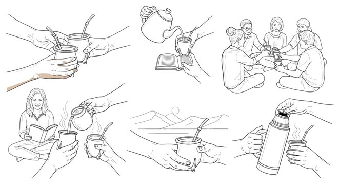 Line art illustrations of people drinking tea and coffee from various vessels