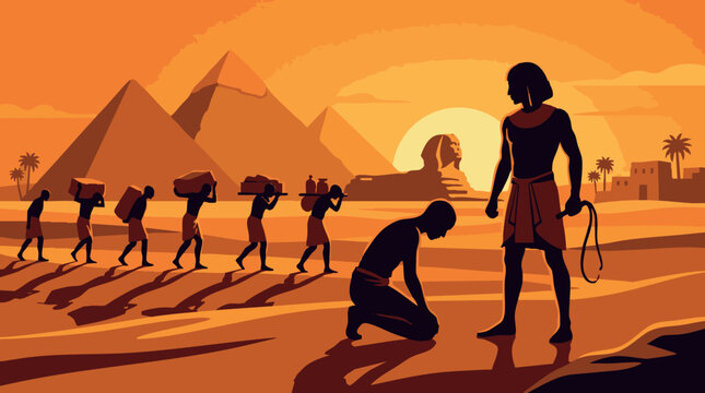An Egyptian taskmaster holds a whip over an exhausted kneeling slave while others carry heavy stone blocks to build the great pyramids and sphinx during a warm sunset