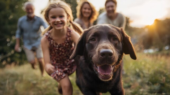 Happy multi-generational family running with chocolate labrador dog