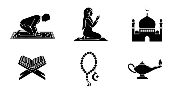 Black icons of Muslim man and woman praying, mosque, Quran, rosary and lamp on white background.