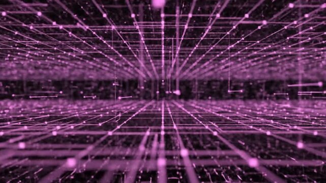 Abstract digital network grid showing glowing pink connections flowing through a dark futuristic cyberspace environment for modern technology background designs