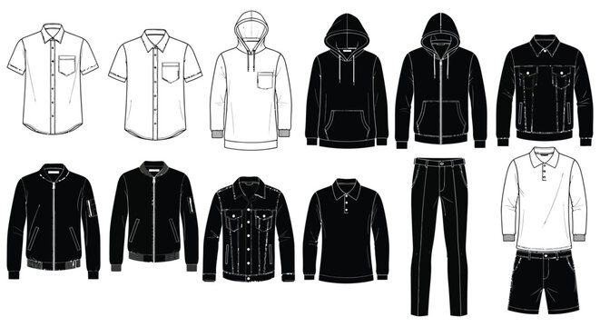 Collection of clothing items in black and white silhouette high quality professional detailed modern elegant stylish clean crisp vibrant colorful digital