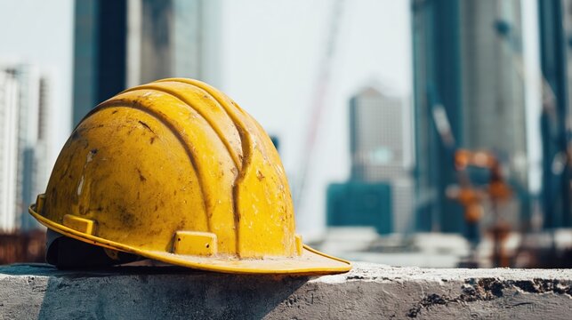 A yellow safety helmet sits on a construction ledge against a backdrop of urban skyscrapers. Dramatic daylight and blurred cranes evoke modern city development.