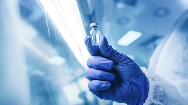 A laboratory technician inspects a pharmaceutical vial under bright lighting for liquid clarity. Ultra realistic healthcare quality control in a modern sterile lab setting.