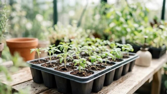 Young tomato seedlings in black plastic trays on wooden bench in greenhouse. Plant propagation and gardening concept. Fresh spring growth for home cultivation and vegetable farming