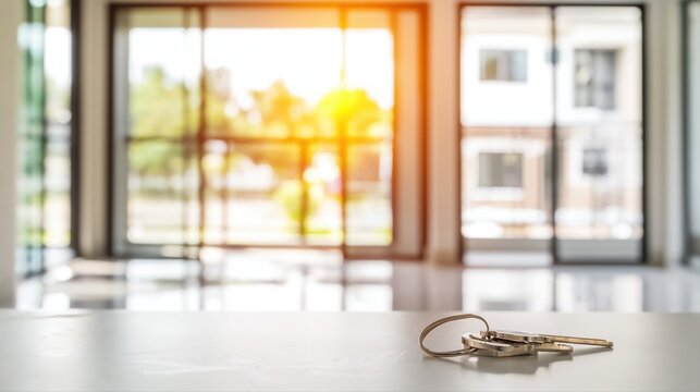 A shiny house key sits on a table in a sunlit modern apartment. Bright daylight and minimalist style evoke a fresh start and the excitement of a new home.