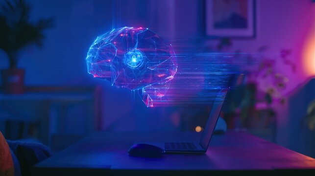 A digital brain hologram with a lock symbol hovers above a laptop on a dark desk. Glowing data streams evoke AI data privacy and technology security in cinematic detail.