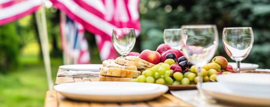 Elegant outdoor dining table set in a green garden with bread, fruit, and wine glasses. American flags add a festive, peaceful touch to this calm summer meal scene.