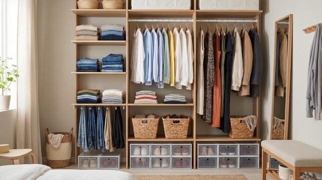 Open wardrobe clothes arrangement