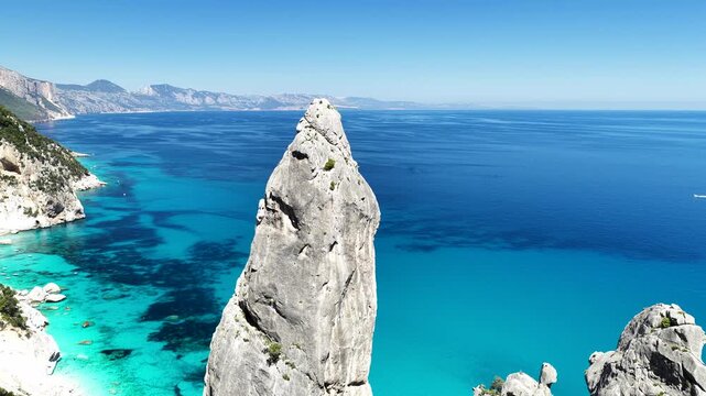 Aerial view of Cala Goloritz&egrave;, Baunei Coast, Sardinia, Italy. Iconic turquoise waters, white limestone cliffs adn pristine beach, often ranked among the most beautiful beaches in the world