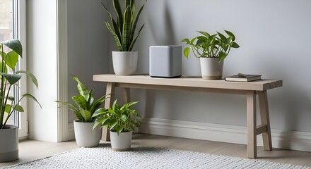 Fototapeta premium Several potted houseplants and a modern speaker are arranged on a wooden bench inside a bright room.