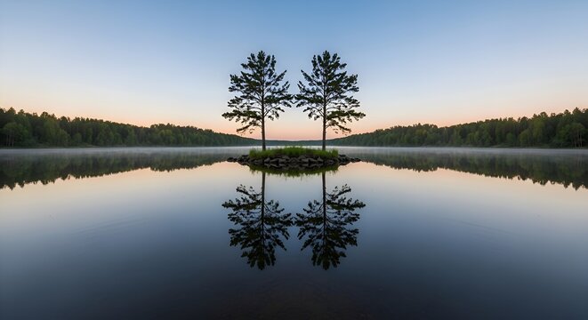 Two pine trees stand on a small island in a calm lake at sunrise, reflected perfectly in the water.