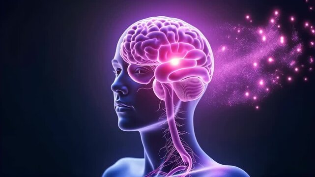 Brain illuminated in vibrant hues. Neural activity visualized with glowing lines. High-resolution brain scan image. Neurology, mental processes. Concept of consciousness and cognition.