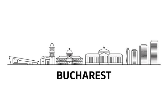 Bucharest city skyline with famous buildings and landmarks in one line