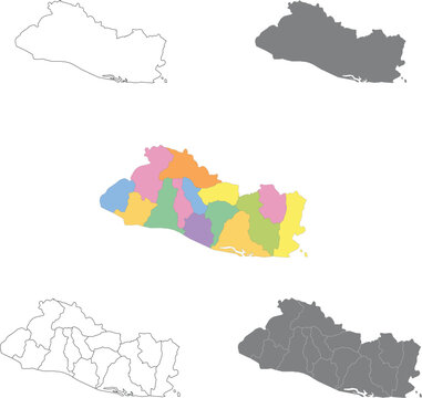 Professional vector set featuring El Salvador maps in outline, silhouette, and colored administrative department formats for graphic design.