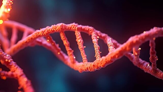 DNA helix spirals in vibrant reds. Genetic molecule structure close-up. Molecular biology, genetic information storage. Concept of heredity and evolution.