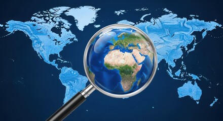 Fototapeta premium Global exploration concept with magnifying glass over world map, searching the globe for international business, blue earth cartography and discovery
