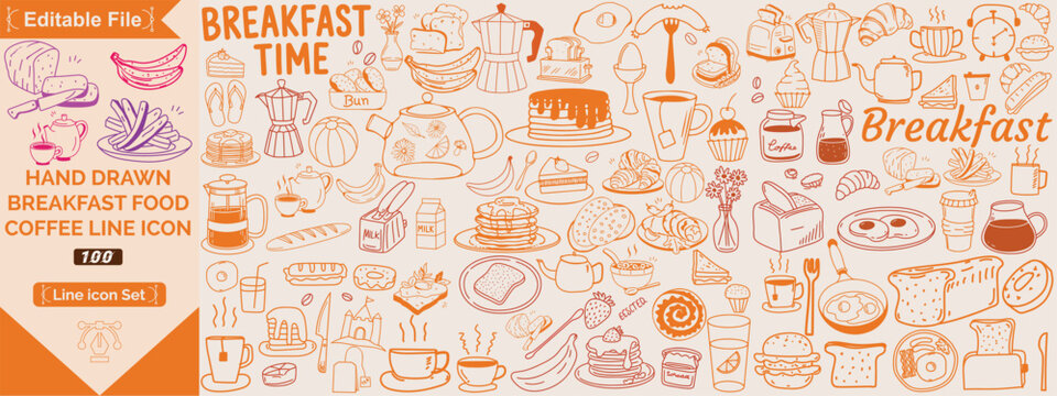Hand drawn breakfast doodles set. Vector illustration of food and coffee icons in chalk, crayon drawing style for invitations, menus, parties. Minimalist line art. La dolce vita Italian style