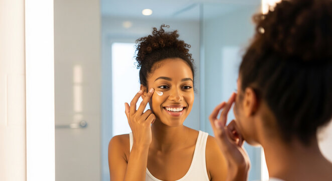 Young woman smiling and applying face cream in the mirror perfectly for highlighting daily skincare routines and natural cosmetic beauty
