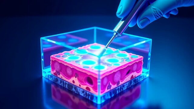 3D tissue sample slice - cross-section view. Biopsy needle extracting cells. Detailed histological model. Vibrant CGI rendering on reflective surface. Pathology, cellular biology. Concept of