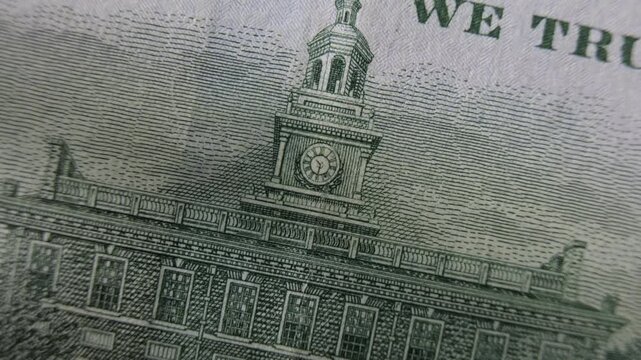 Independence Hall appears on reverse of banknote One hundred dollar US bill close-up