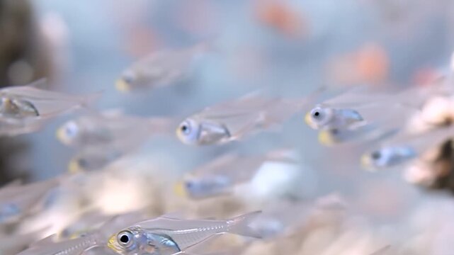 A vibrant school of transparent Indian Glassfish navigates clear freshwater. Their delicate bodies glint as they swim in unison, a mesmerizing ballet of aquatic life in a peaceful habitat.