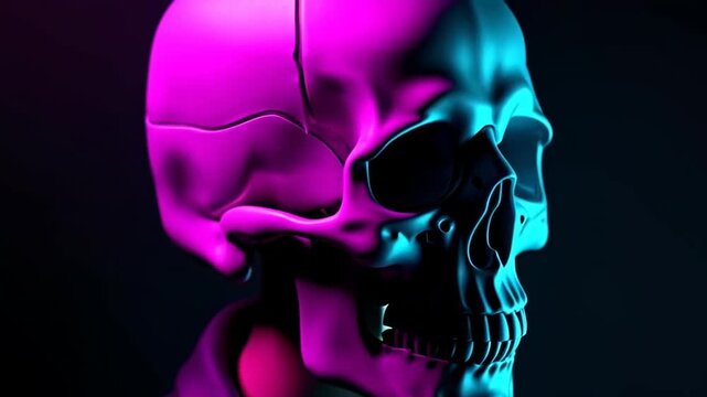 2D skull portrait in vibrant colors. Human cranium model with hollow eye sockets. High-contrast CGI rendering on dark background. Forensic science, anatomy study. Concept of mortality and identity.