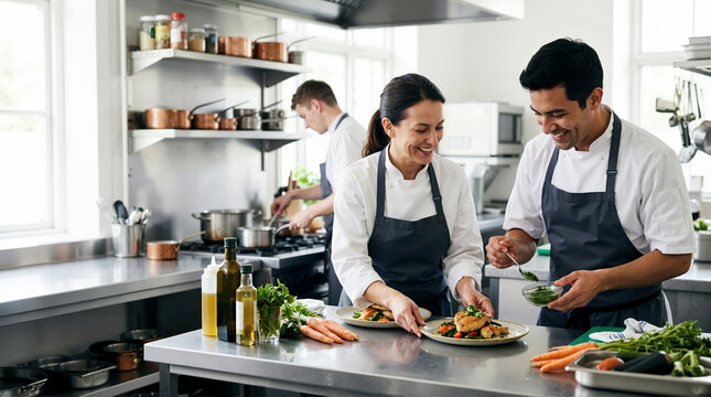Professional chefs plating food together in a commercial kitchen. Happy culinary team cooperating on a gourmet dish. Restaurant teamwork concept