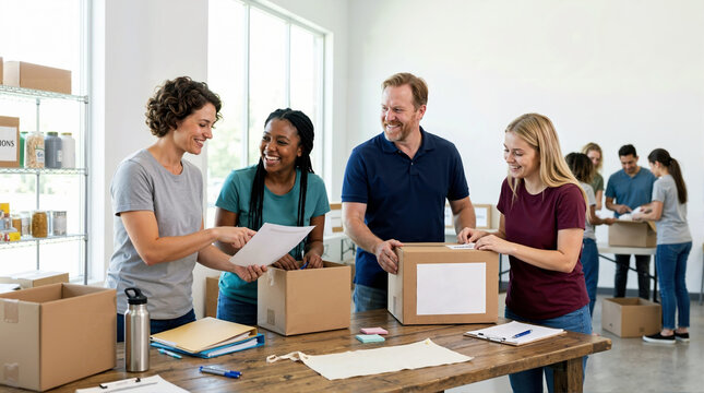 Diverse volunteer team packing donation boxes for charity. Happy people cooperating and sorting supplies for community service. Teamwork and philanthropy concept