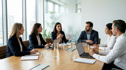 Obraz premium Diverse corporate team having a board meeting in a modern office. Female executive leading a strategic discussion at a conference table. Business leadership and teamwork concept